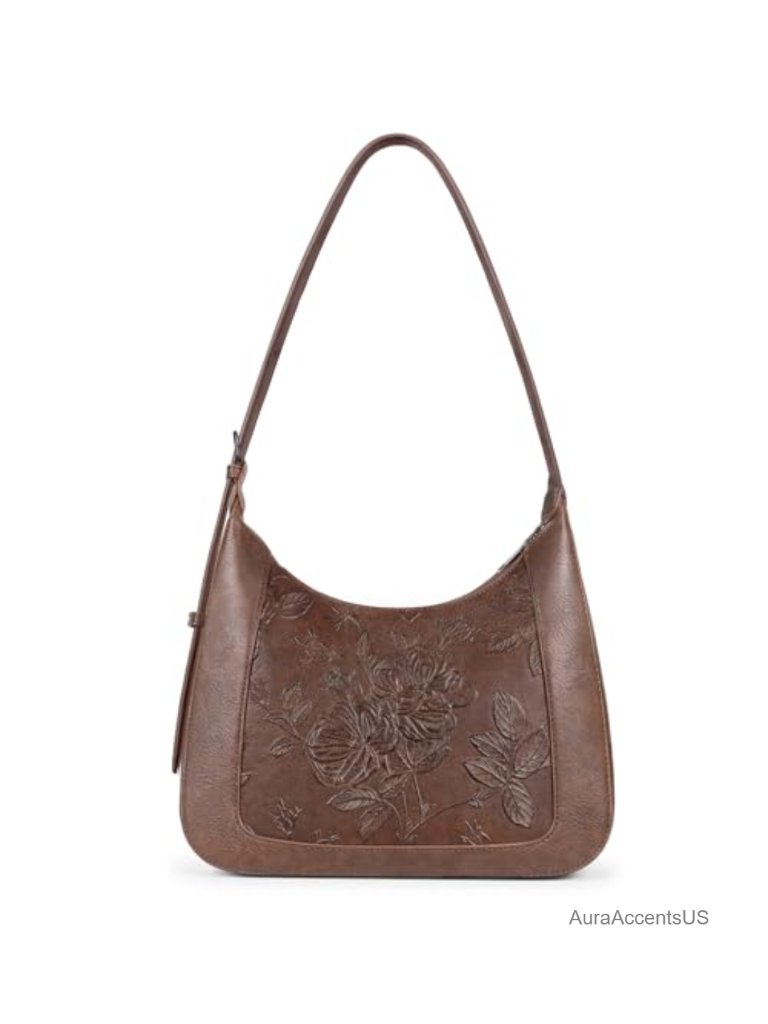 Floral Embossed Vegan Leather Crescent Hobo Bag With Adjustable Strap